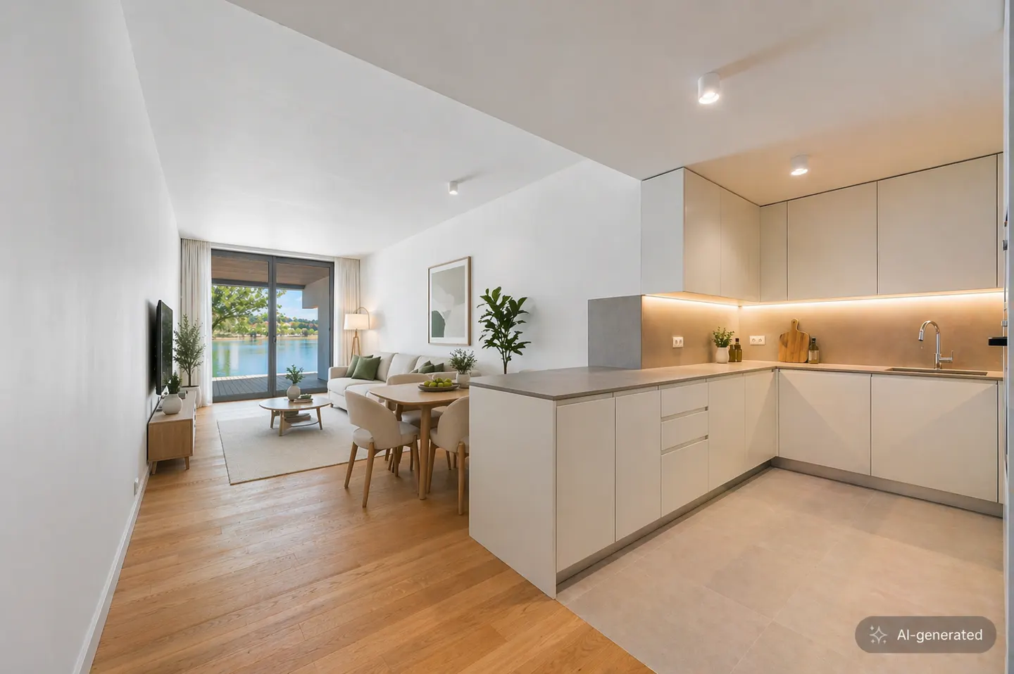 Bright, modern open-plan living space with white walls, wood floors, and lake view. Kitchen with light cabinets and dining area with table and chairs.
