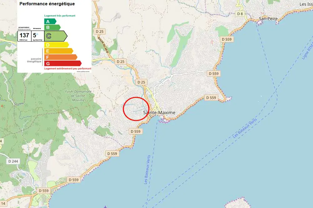 Map of Sainte-Maxime, France, with a red circle highlighting a location. Energy performance rating of C is displayed.