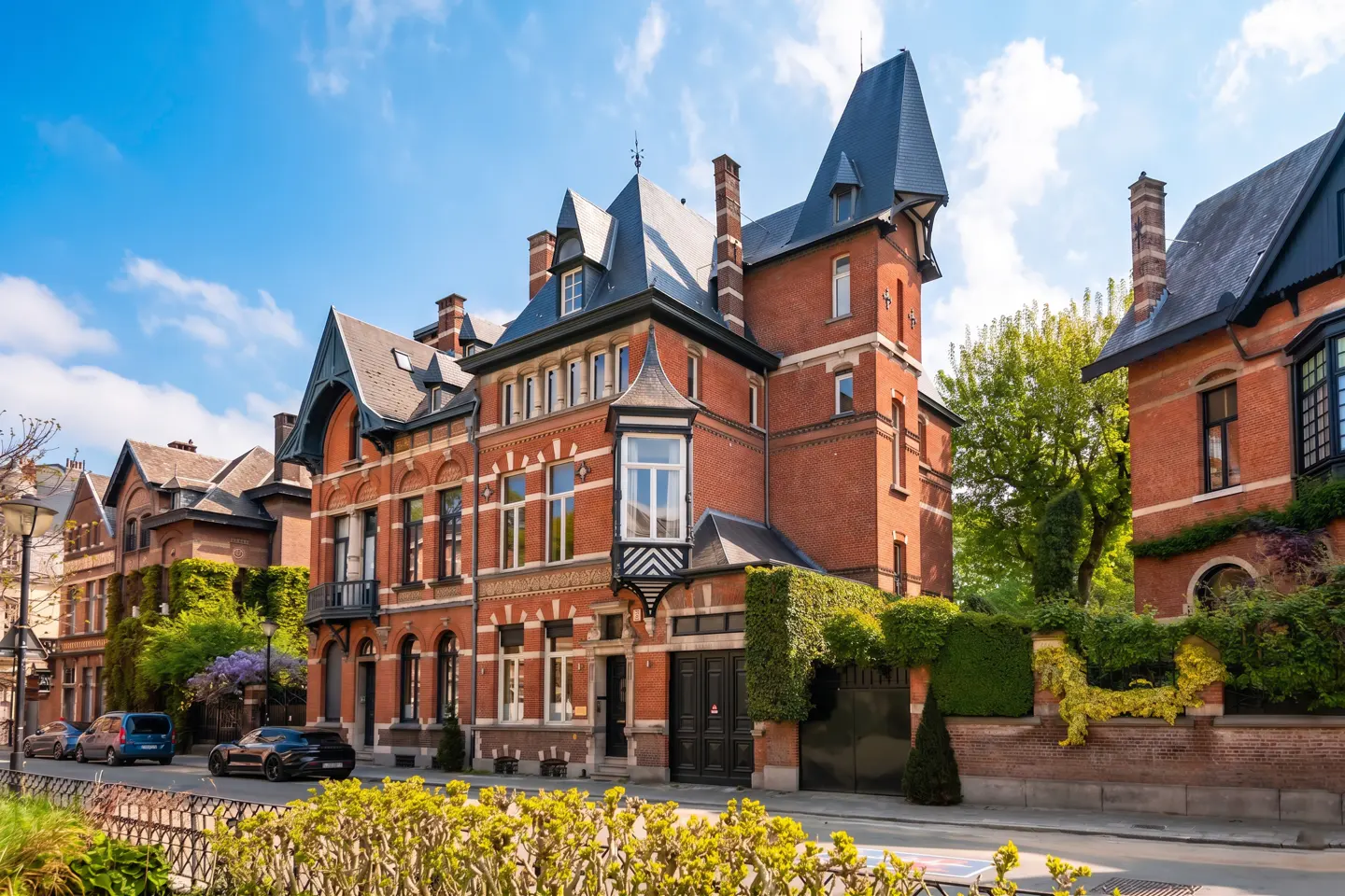 A row of red brick townhouses with dark roofs and chimneys on a sunny day.