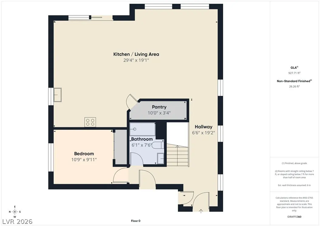 Floor plan showing a bedroom, bathroom, kitchen/living area, pantry, and hallway with dimensions. The walls are black and the rooms are beige.