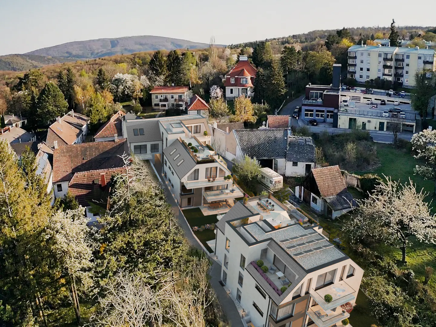 Aerial view of modern white townhouses nestled among older homes and green trees. A mountain range is visible in the background.