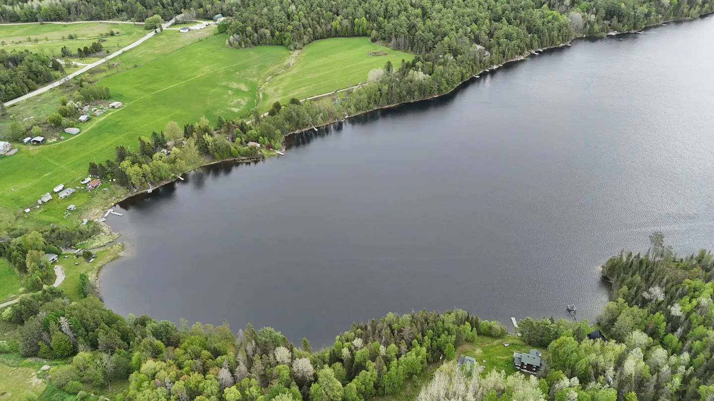 Aerial view of a dark lake surrounded by lush green forests, open fields, and scattered waterfront properties.