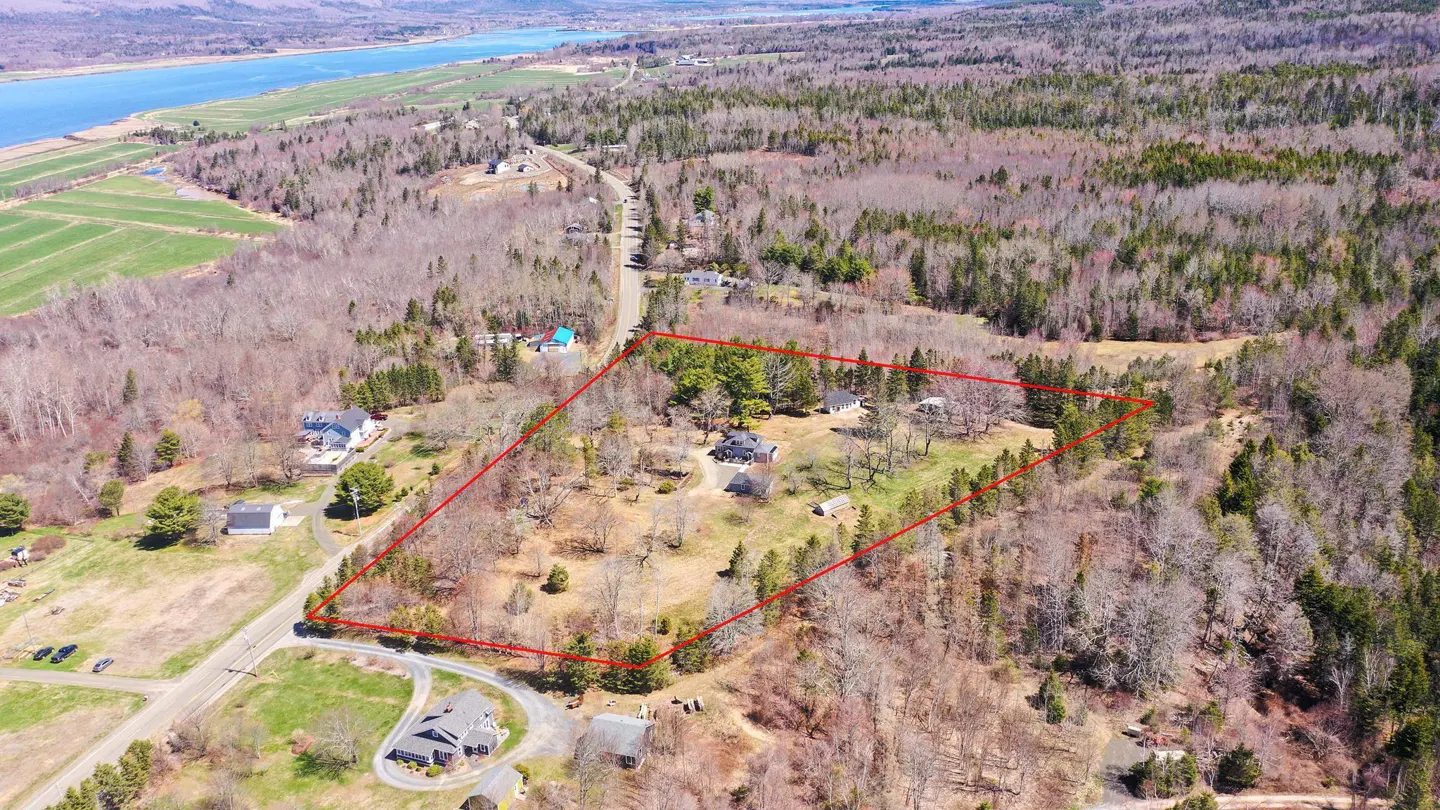 Aerial view of a property outlined in red, featuring houses, trees, and a road, with a river and fields in the background.