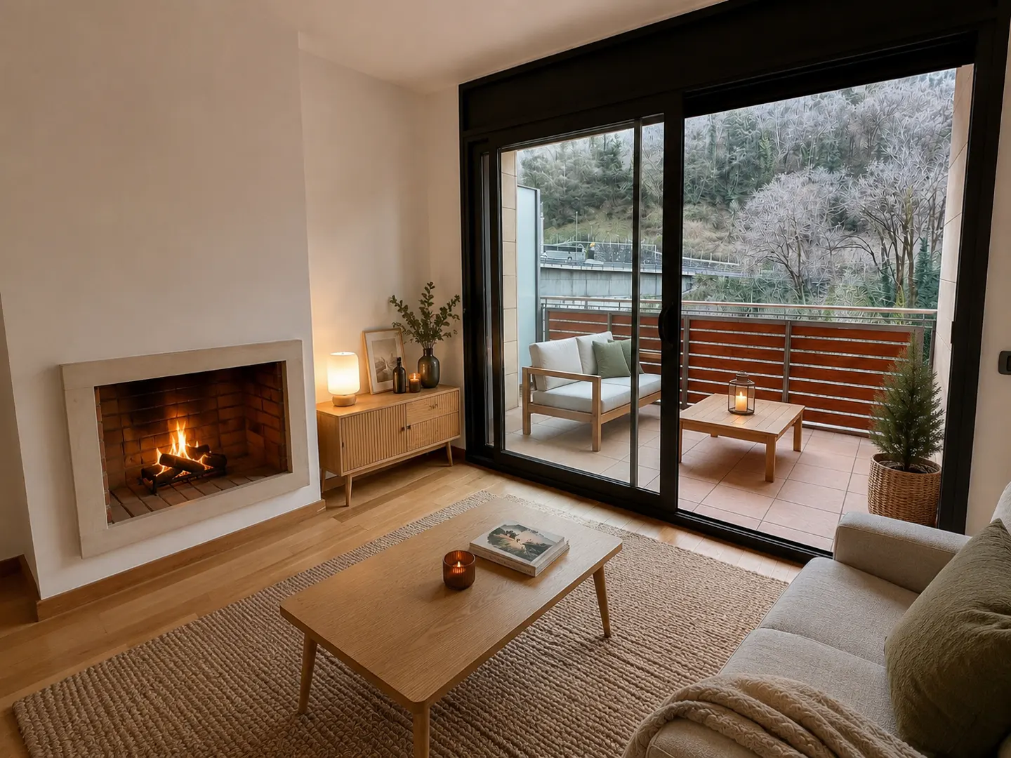 Living room with a fireplace, a wooden table, and a sofa. A balcony with a view of trees is visible through sliding glass doors.