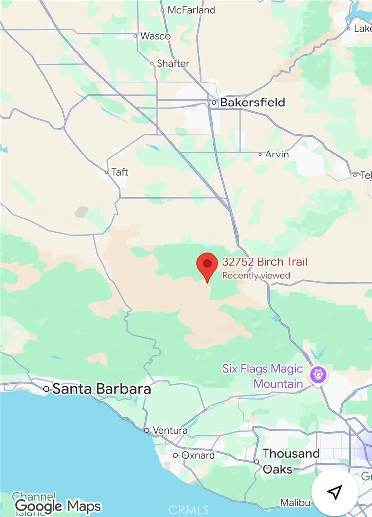 Map view of 32752 Birch Trail, near Bakersfield and Santa Barbara, California. A red pin marks the location.