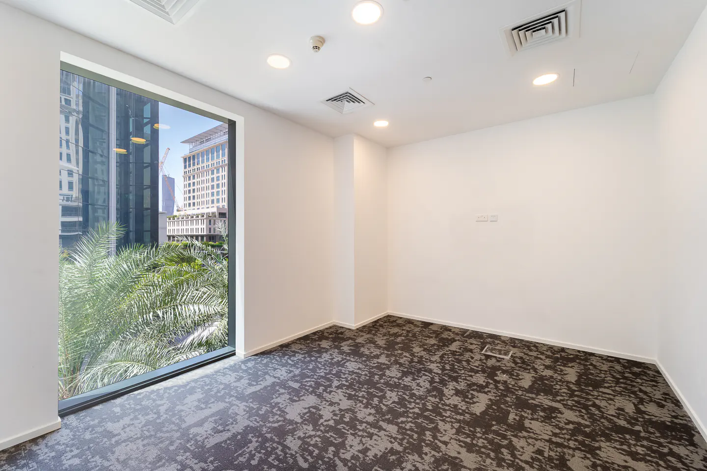 Empty office space with white walls, a gray patterned carpet, and a large window showing city buildings and palm trees.