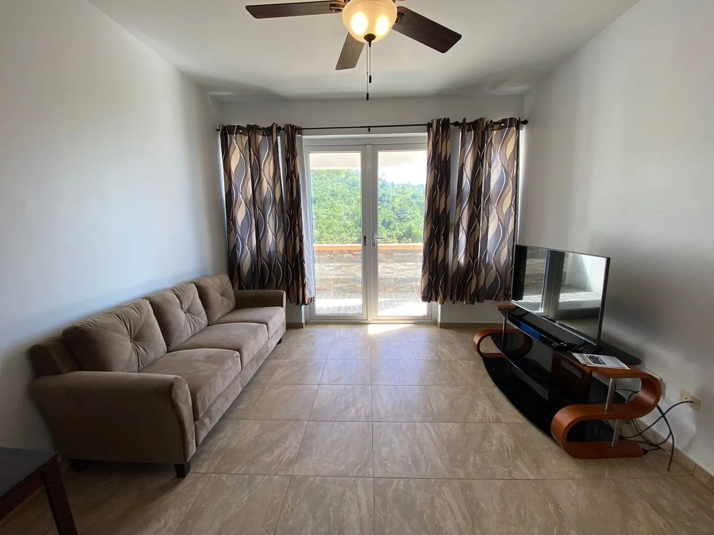 Living room with a brown sofa, TV, and glass doors to a balcony with a view of trees. A ceiling fan hangs above.