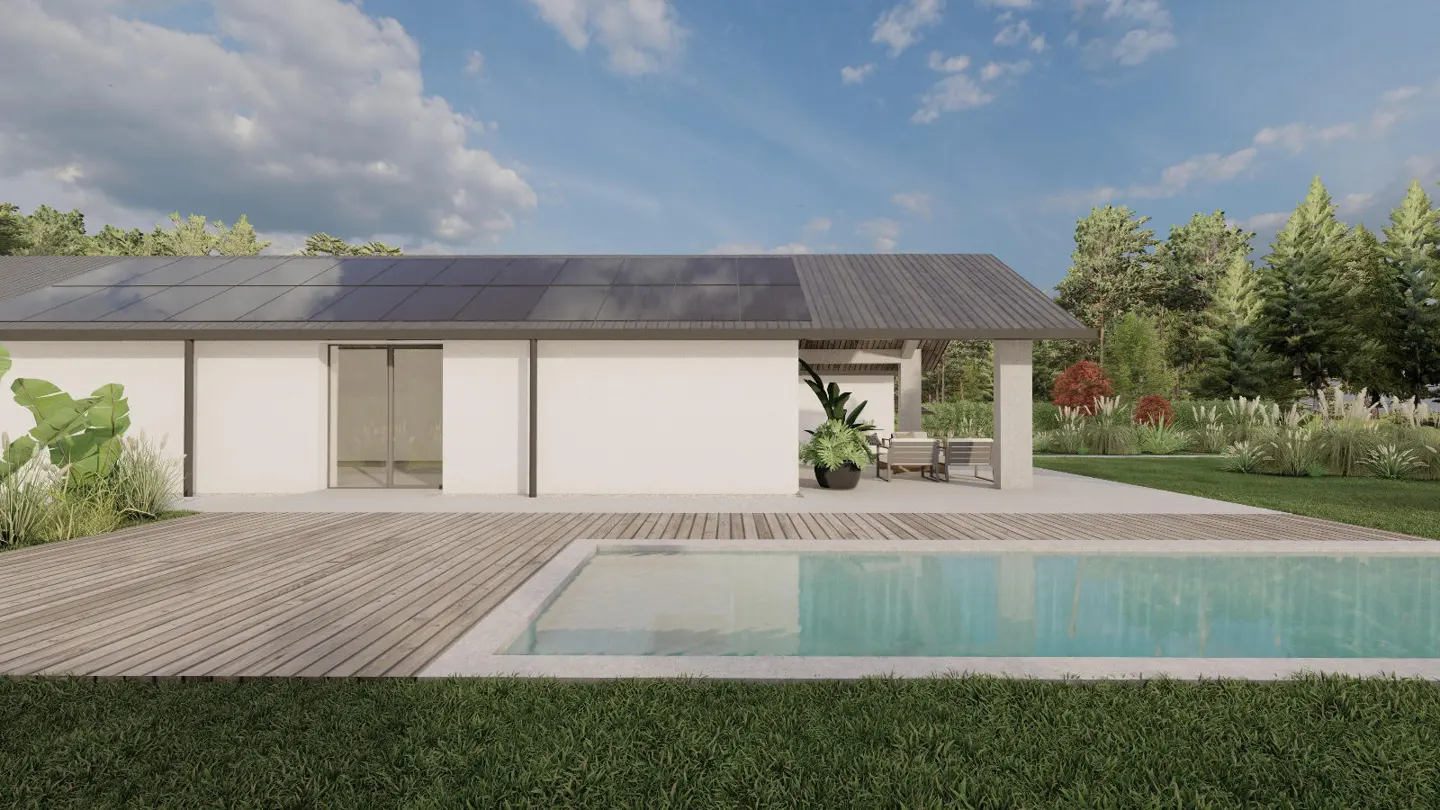 Modern white home with solar panels, wooden deck, and swimming pool in a lush, sunny backyard setting.