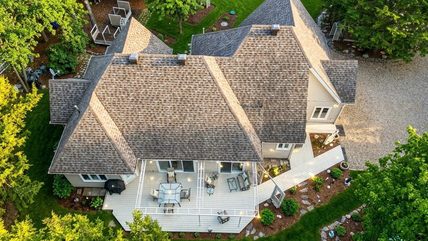 Aerial view of a beige house with a gray shingled roof, a white deck with patio furniture, and green trees.