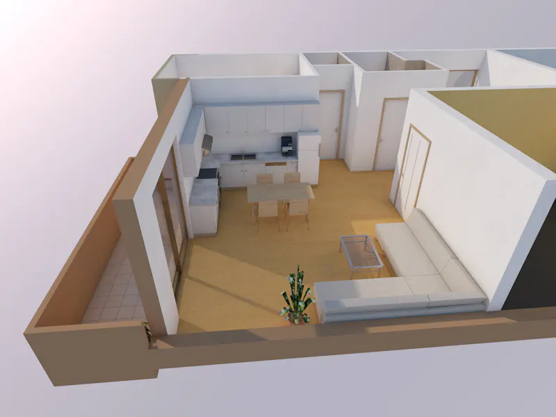 3D floor plan of an apartment with a kitchen, dining area, living room with a white sofa, and a small balcony.