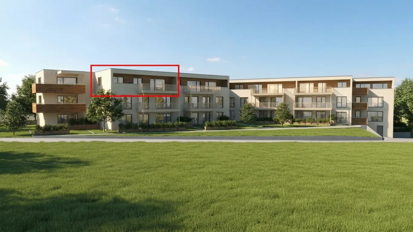 Modern apartment building with balconies, set against a blue sky and green lawn. Highlighted balcony in red.