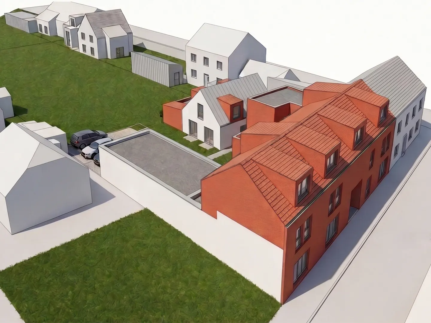 Architectural rendering of a residential area with red brick buildings, white houses, green lawns, and parked cars.