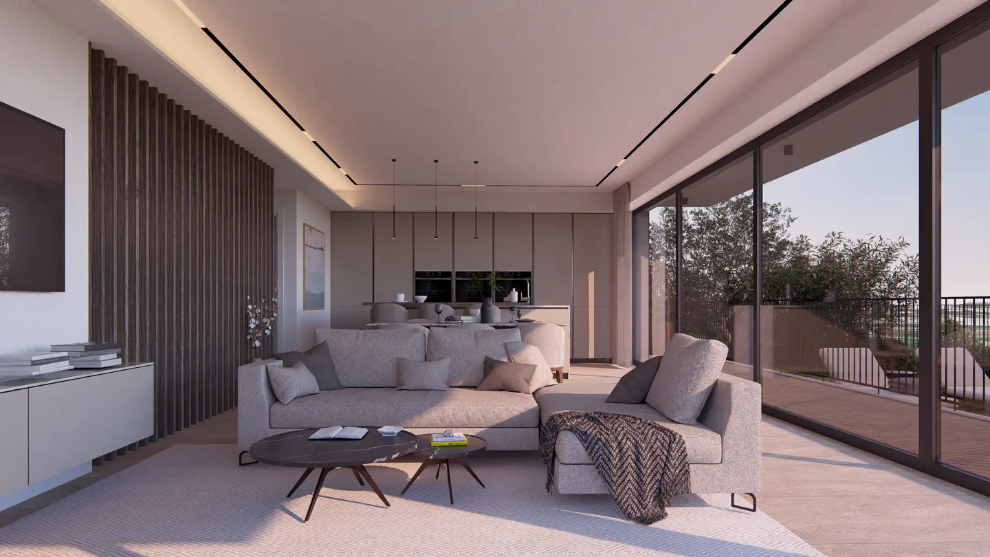 Modern open-plan living room with a beige sectional sofa, marble coffee tables, and floor-to-ceiling windows to a balcony.