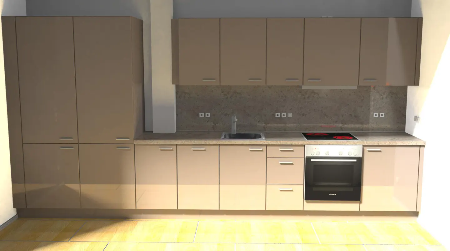 A modern kitchen with light brown cabinets, a stainless steel sink, and a black electric stove.