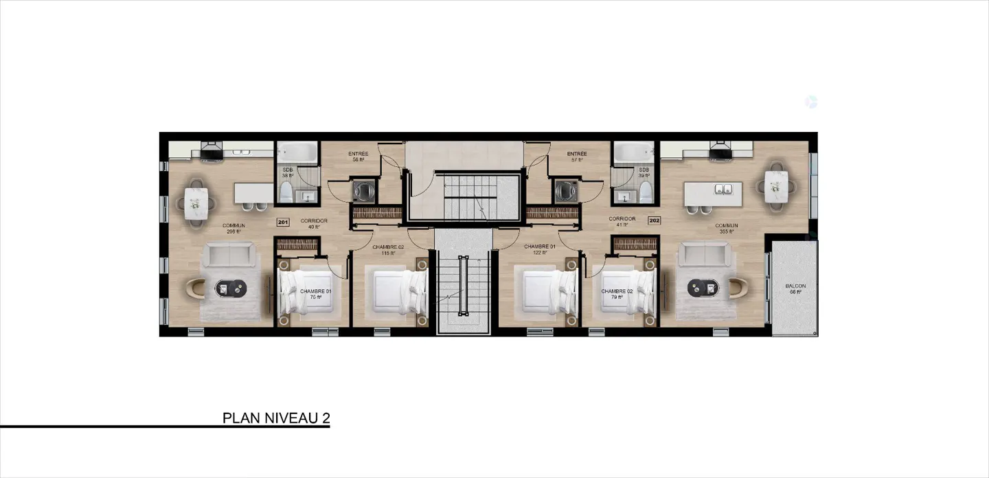 Floor plan of level 2, featuring two apartments with bedrooms, bathrooms, kitchens, and living areas. A central staircase connects the units.