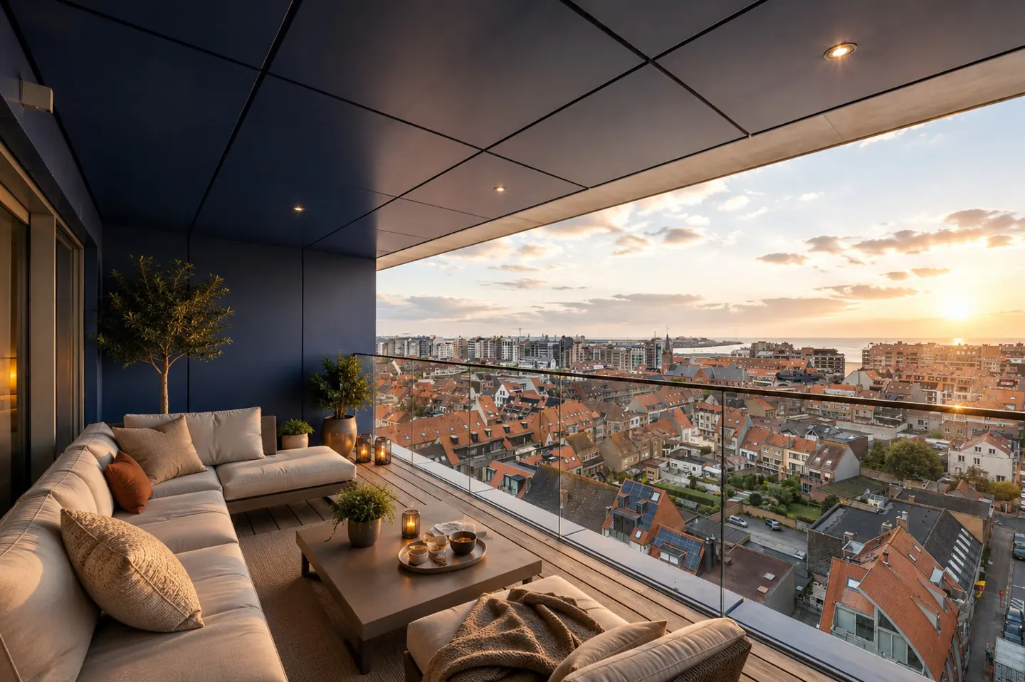 Balcony with a beige sectional sofa, coffee table, and plants overlooking a city with red rooftops at sunset.