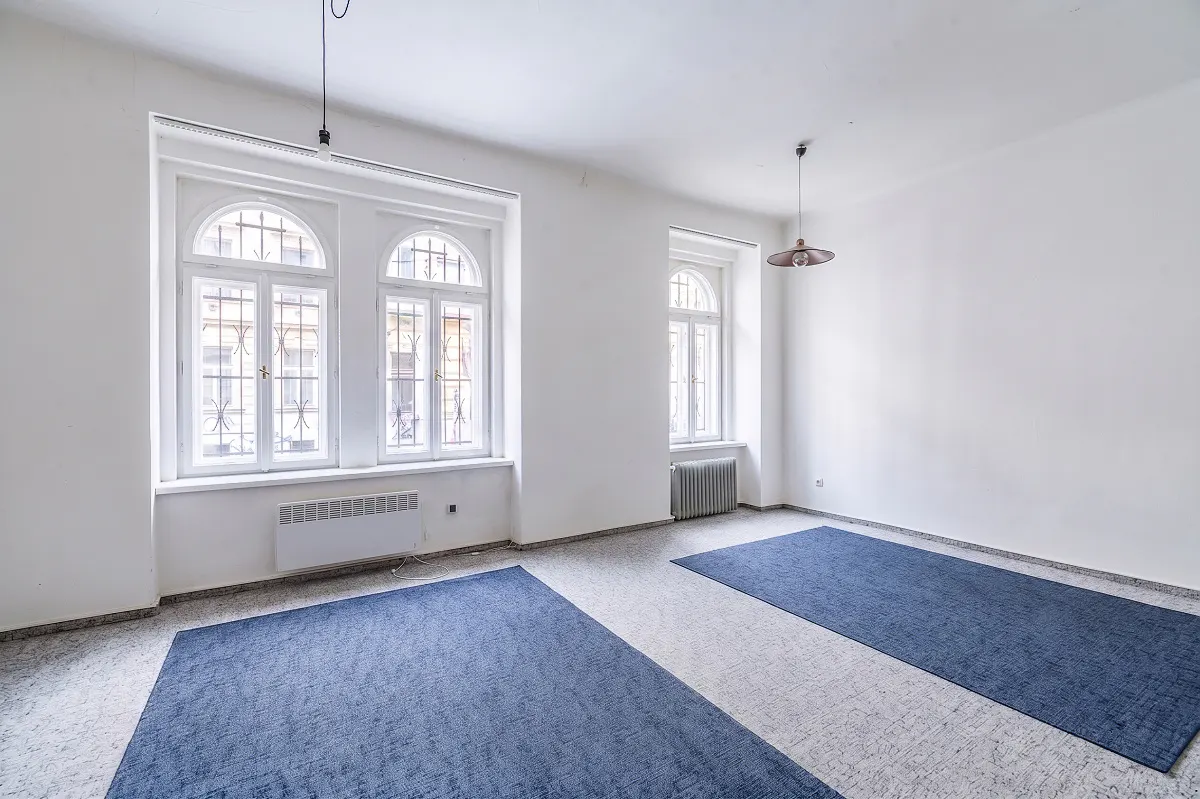 Bright, empty room with white walls, two blue rugs on a light floor, arched windows, and simple pendant lighting.