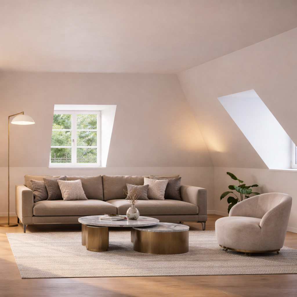 Modern attic living room with a beige sofa, round marble coffee tables, a curved armchair, and a floor lamp.