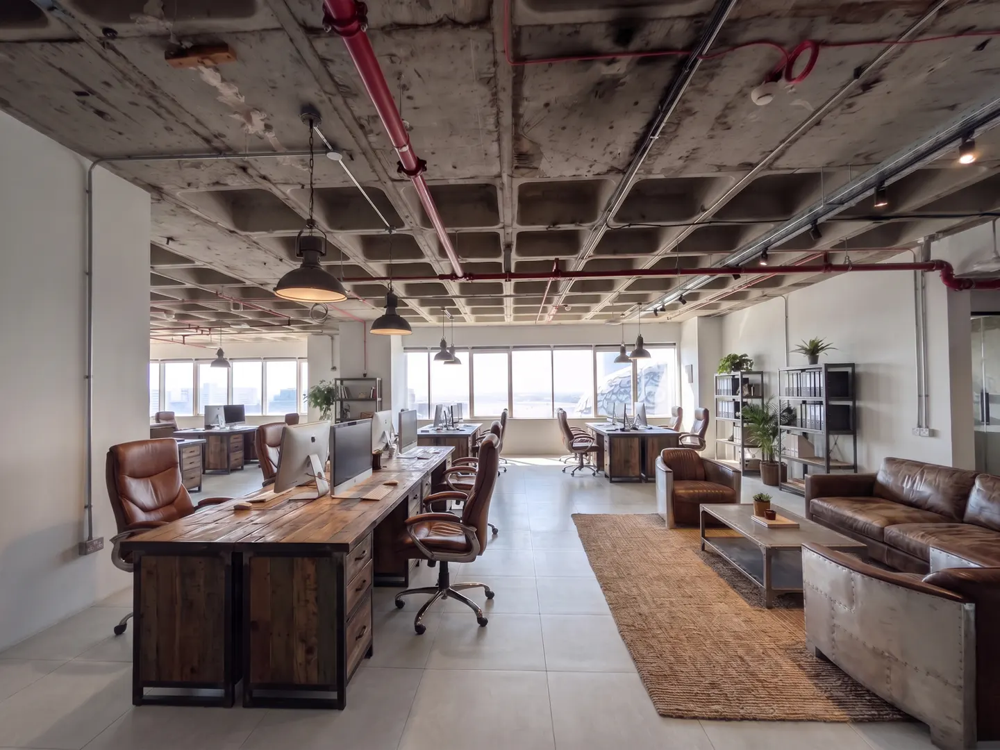 Open office space with wood desks, leather chairs, and a brown leather sofa. Concrete ceiling with red pipes and hanging lights. Large windows provide natural light.