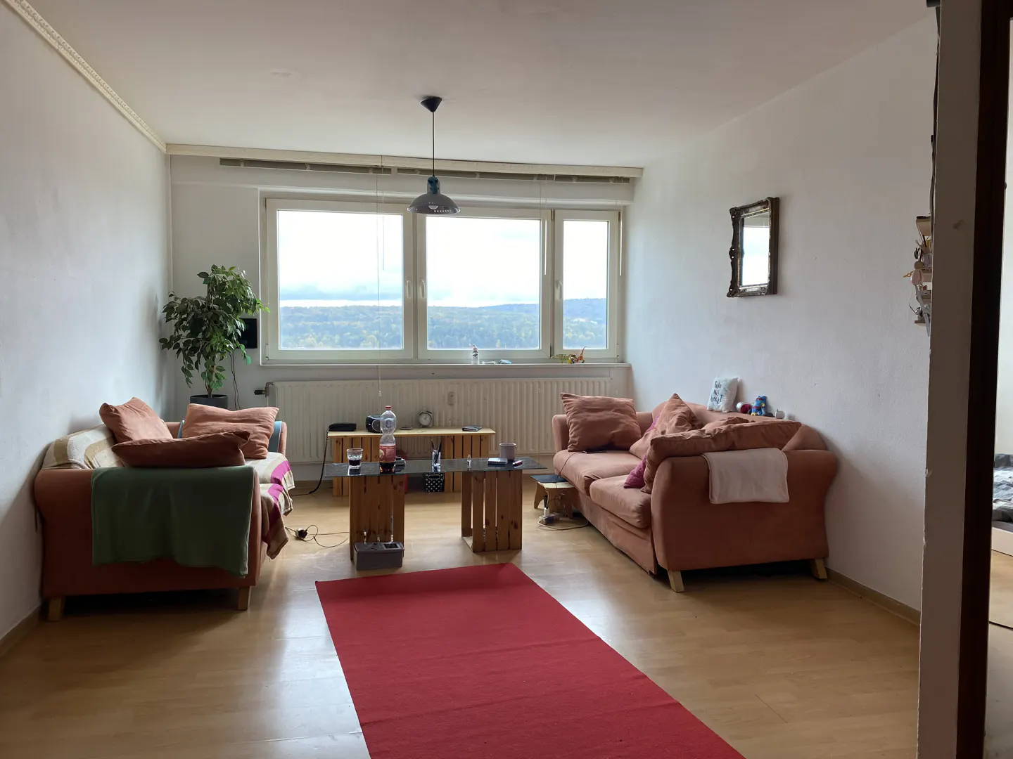A living room with two sofas, a red rug, and a large window with a view.