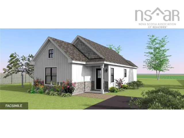 A rendering of a one-story white house with a gray roof and stone accents. The house has a black front door and is surrounded by green grass and trees.