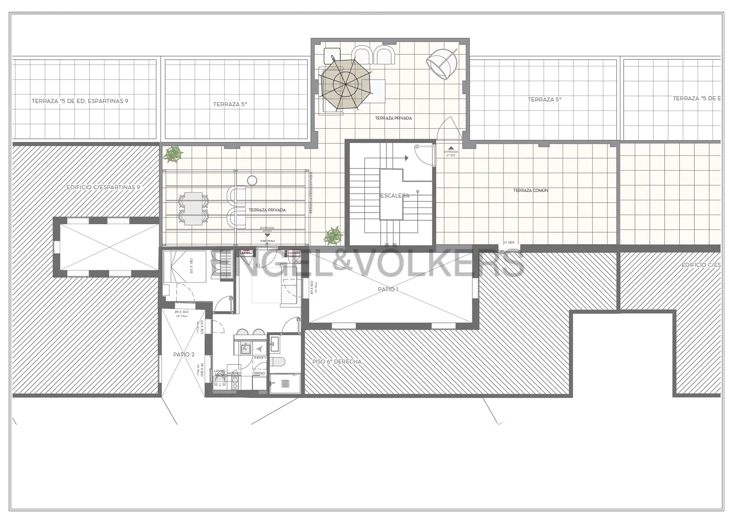 Floor plan of a sixth-floor apartment with patios, terraces, and a shared terrace, showcasing the layout and outdoor spaces.