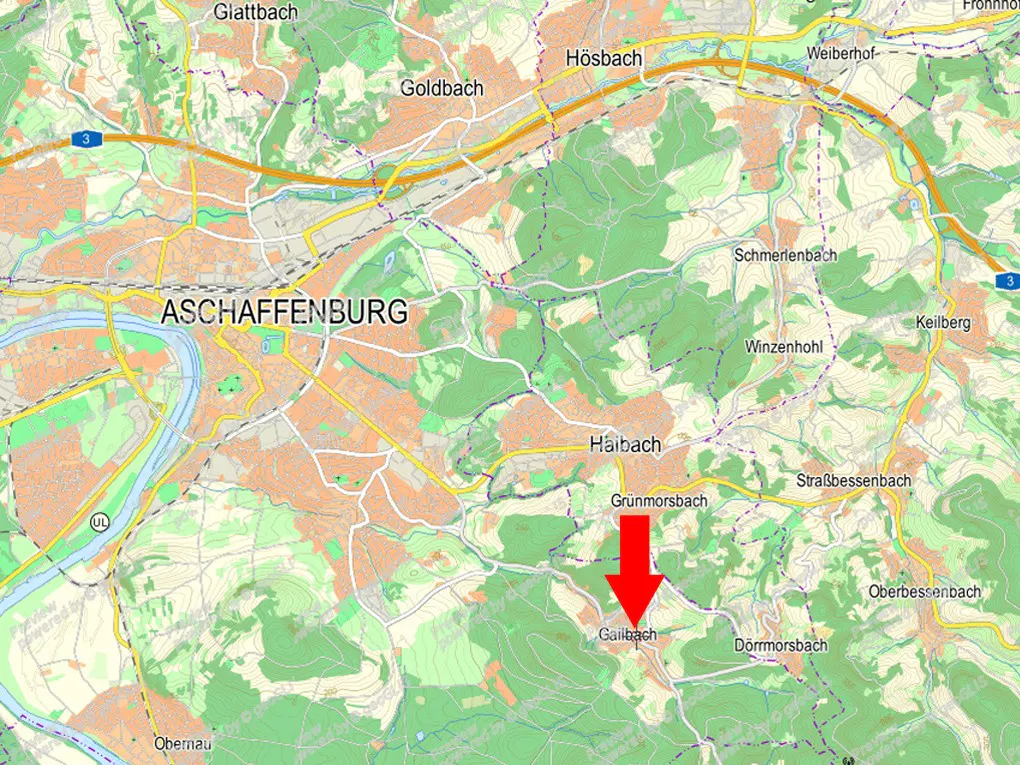 Map view of Gailbach, Germany, near Aschaffenburg, with a red arrow pointing to Gailbach.