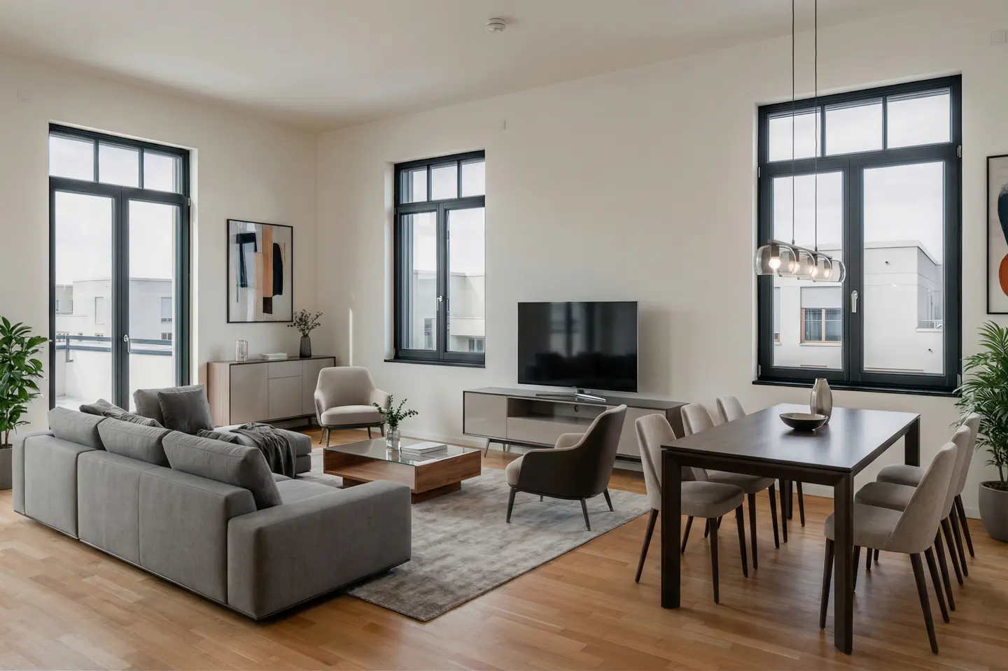 Bright, modern living and dining area with gray sofa, wood floors, black-framed windows, and a dining table with six chairs.