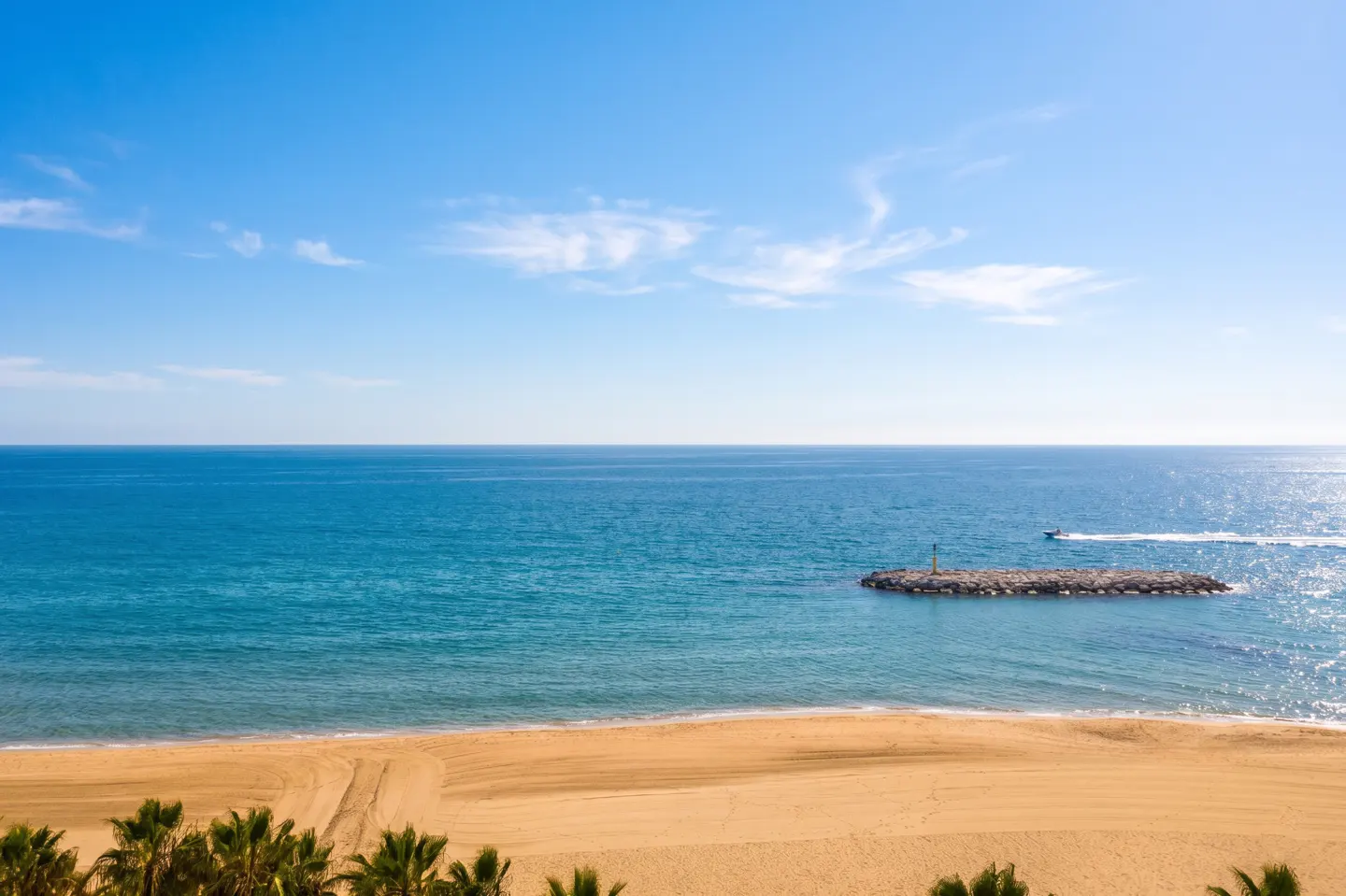 Beach view with blue sky, turquoise ocean, and tan sand. Palm trees line the bottom. A boat speeds past a rock breakwater.