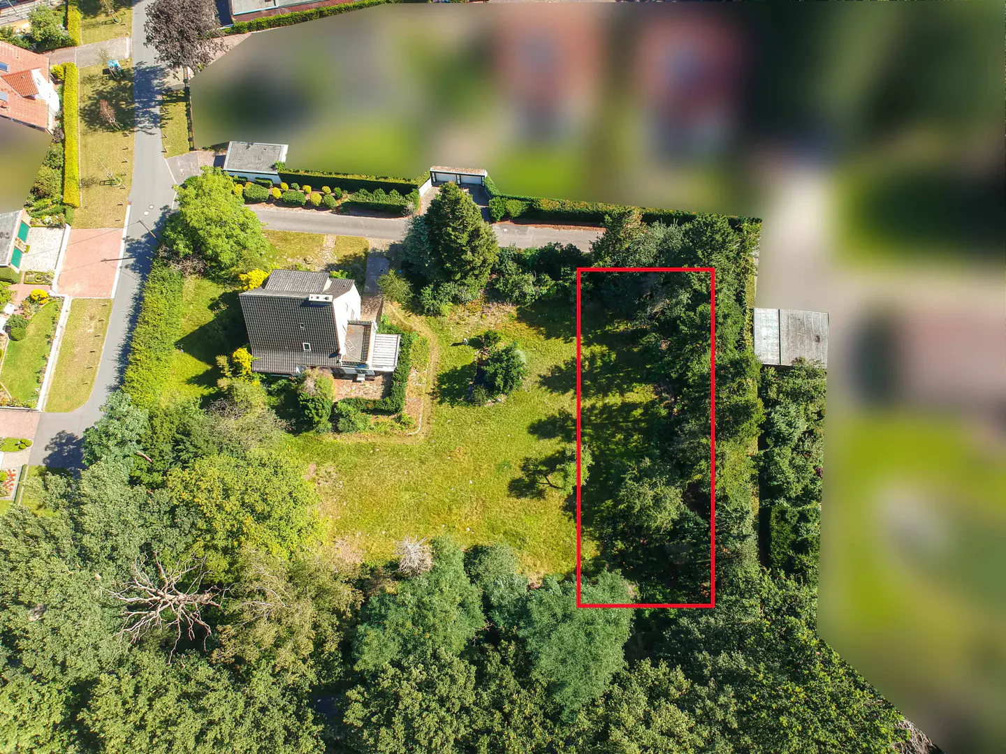 Aerial view of a vacant lot outlined in red, surrounded by green trees and grass, with a house nearby.