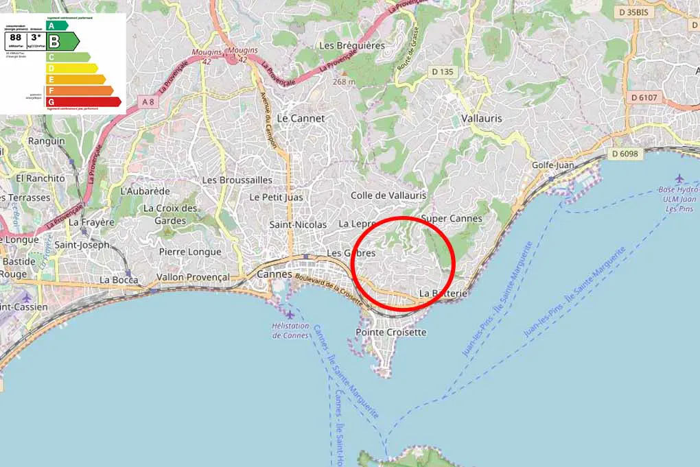 Map of Cannes, France, with a red circle highlighting the Super Cannes area. An energy efficiency rating of B is displayed.