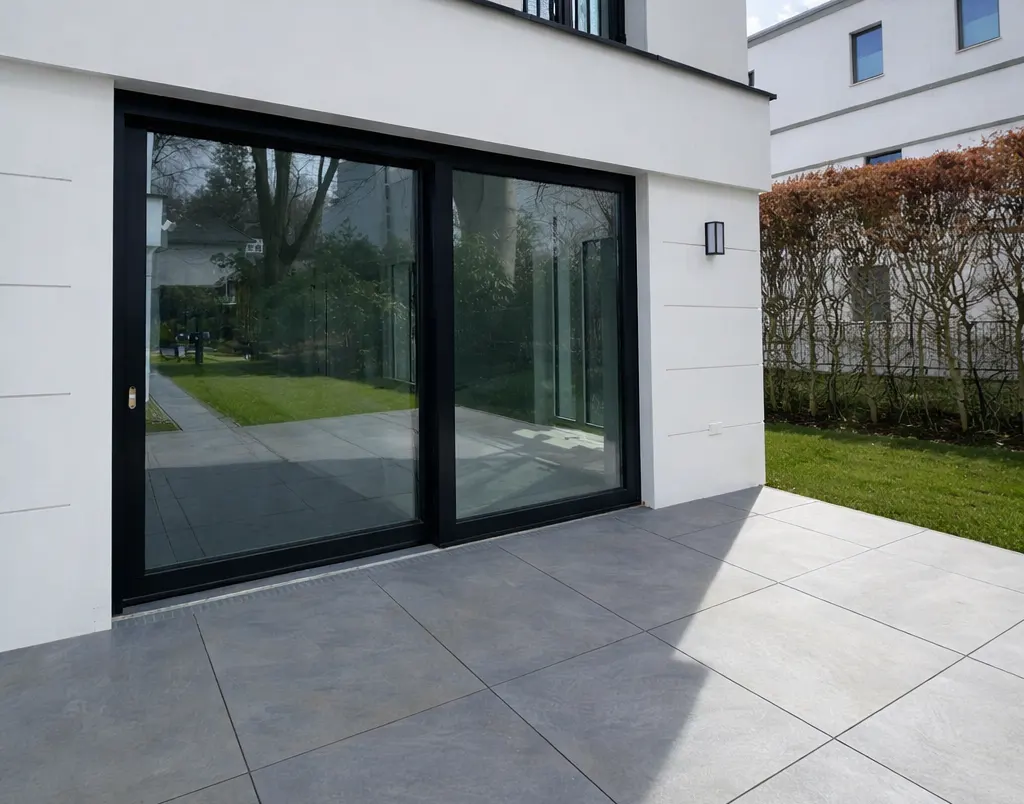 Modern home exterior with gray tiled patio, black-framed sliding glass doors, and white walls. Green lawn and hedge in background.