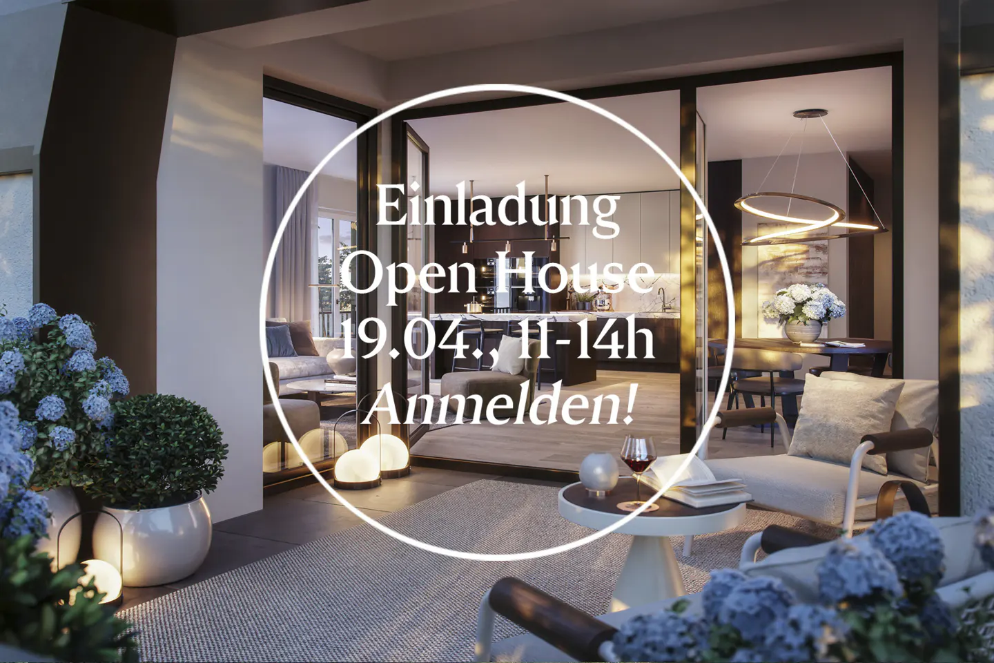 Open house invitation: Balcony view into a modern apartment with seating, dining, and kitchen areas. Text overlay in German.