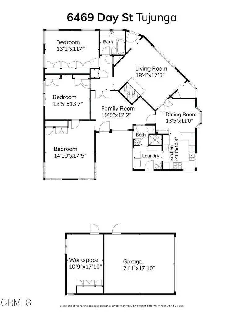 Floor plan of 6469 Day St, Tujunga, with dimensions for bedrooms, living room, kitchen, garage, and workspace.