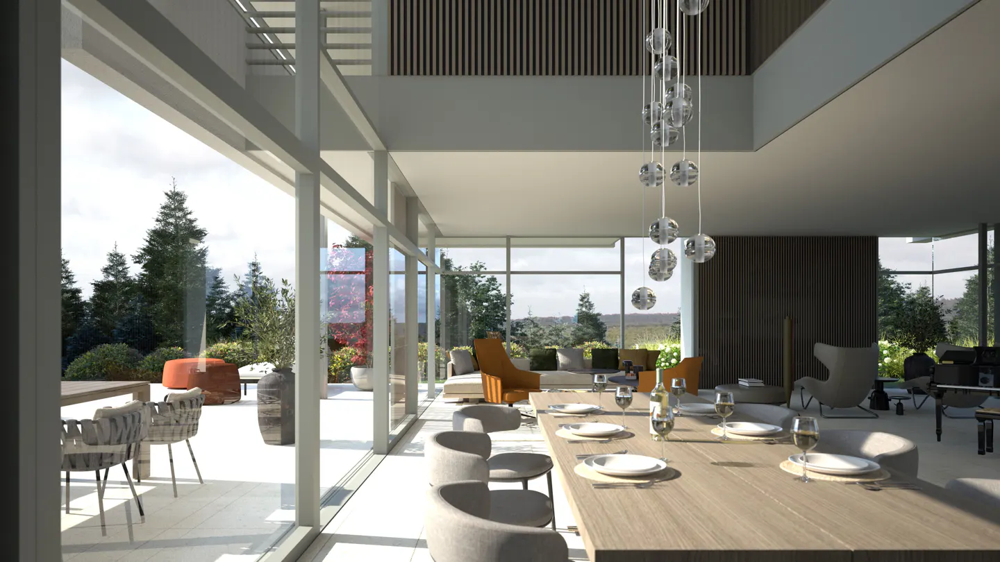 Bright, modern dining room with a long wooden table set for a meal. Large windows offer views of a lush green landscape. A crystal chandelier hangs above.