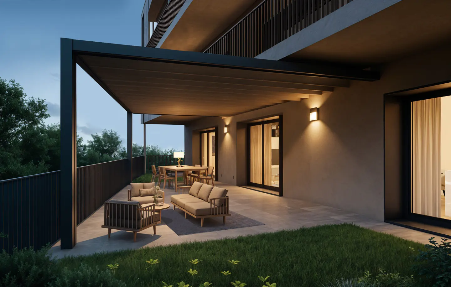 Modern patio with a black pergola, tan furniture, and green grass. Lights illuminate the building's exterior.
