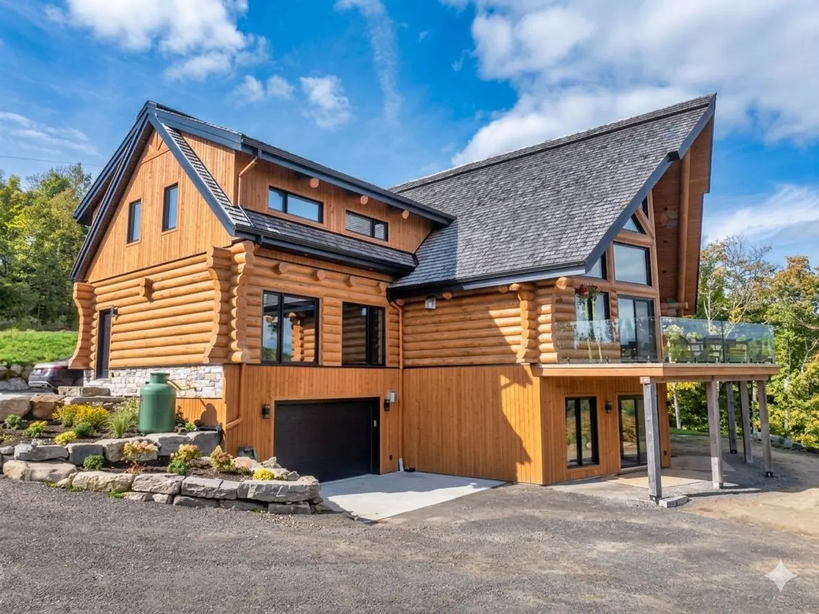 Exterior view of a two-story log cabin home with a black garage door and a glass-railed deck.