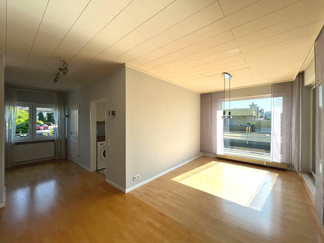 Bright, empty apartment with wood floors, gray walls, and large windows. A washing machine is visible in an adjacent room.