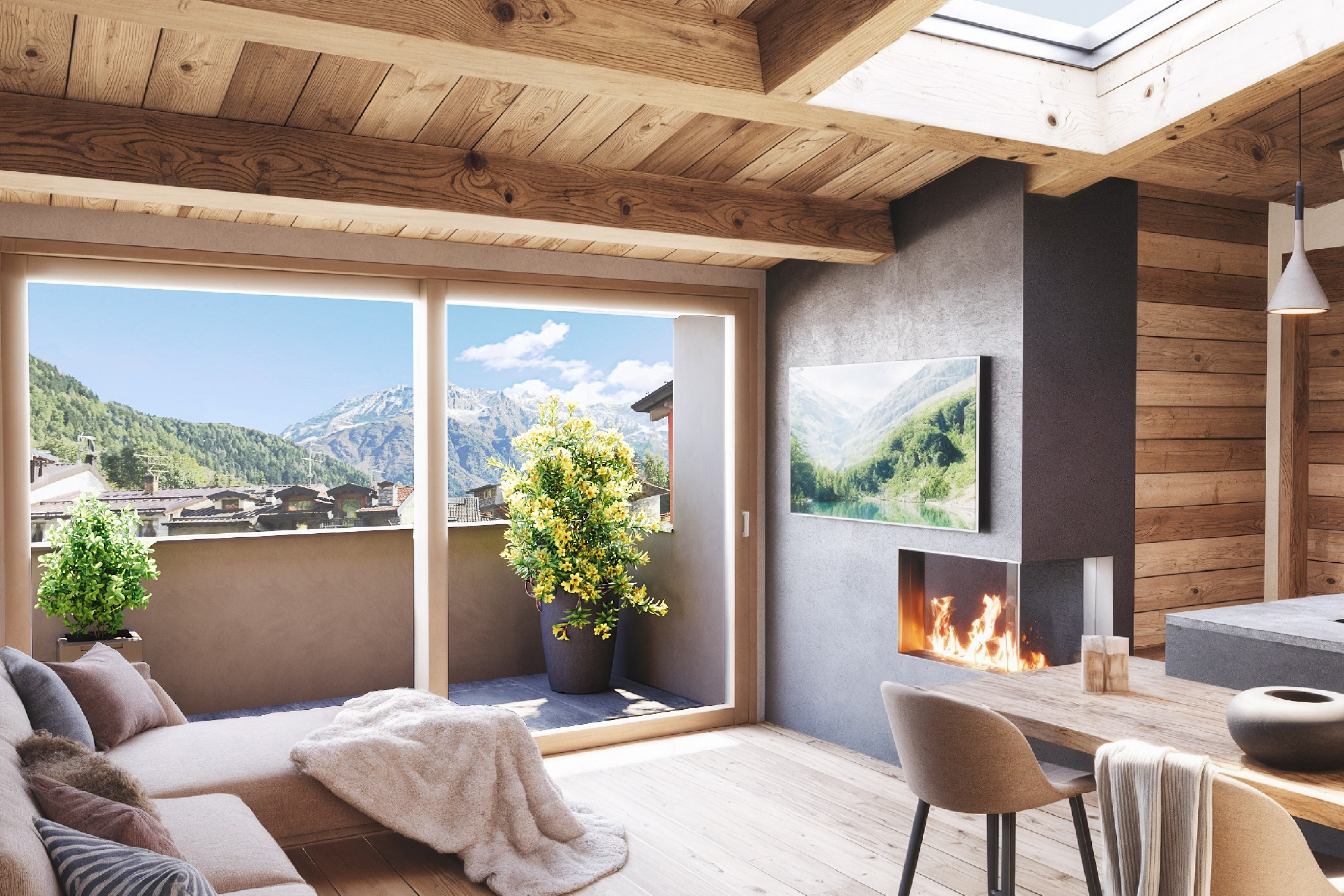Living room with wood ceiling, fireplace, and balcony with mountain view. A tan couch with pillows and a blanket is visible.