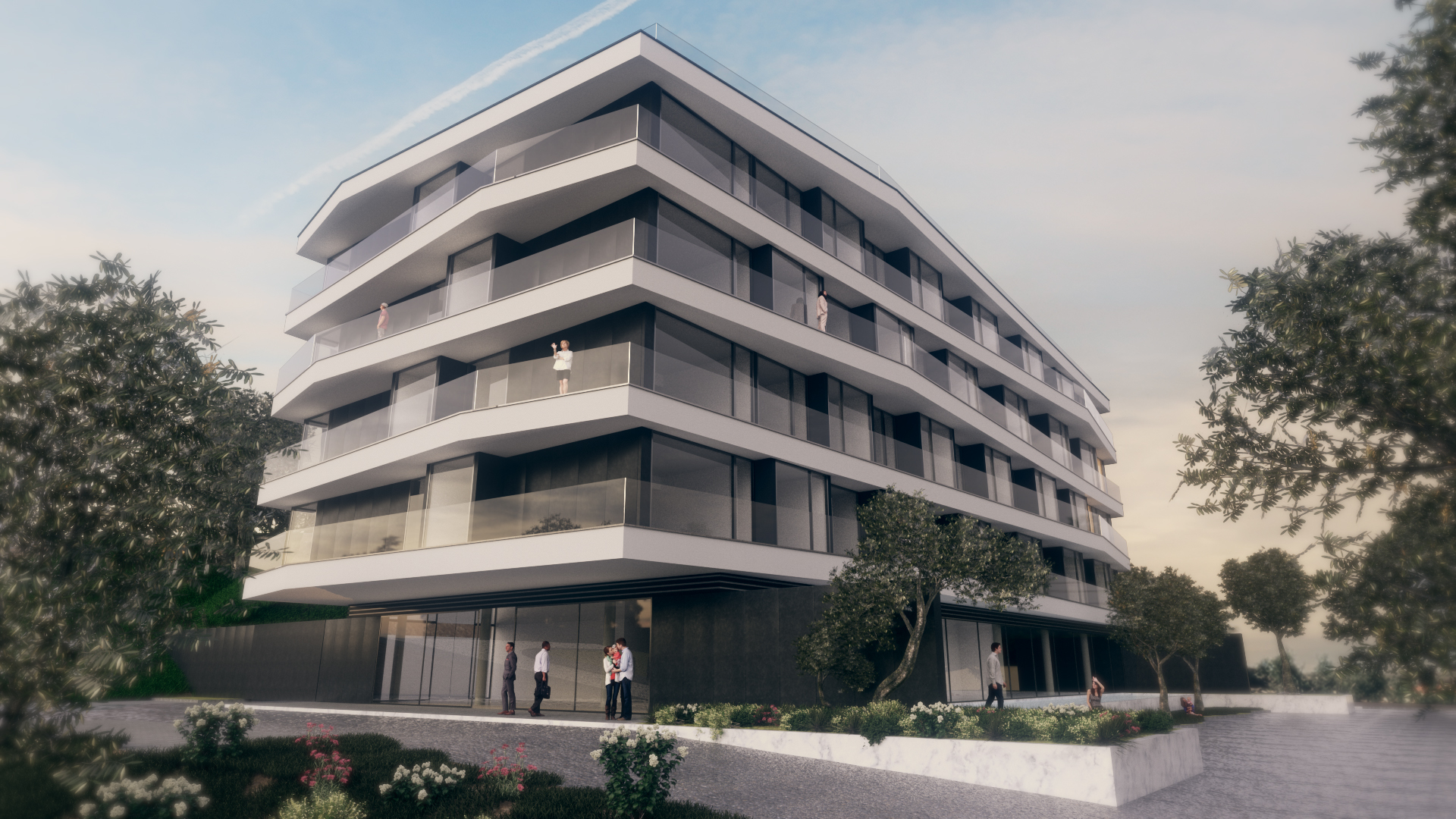 Modern white apartment building with glass balconies, dark accents, and people standing on terraces and at the entrance. [AI-generated text]
