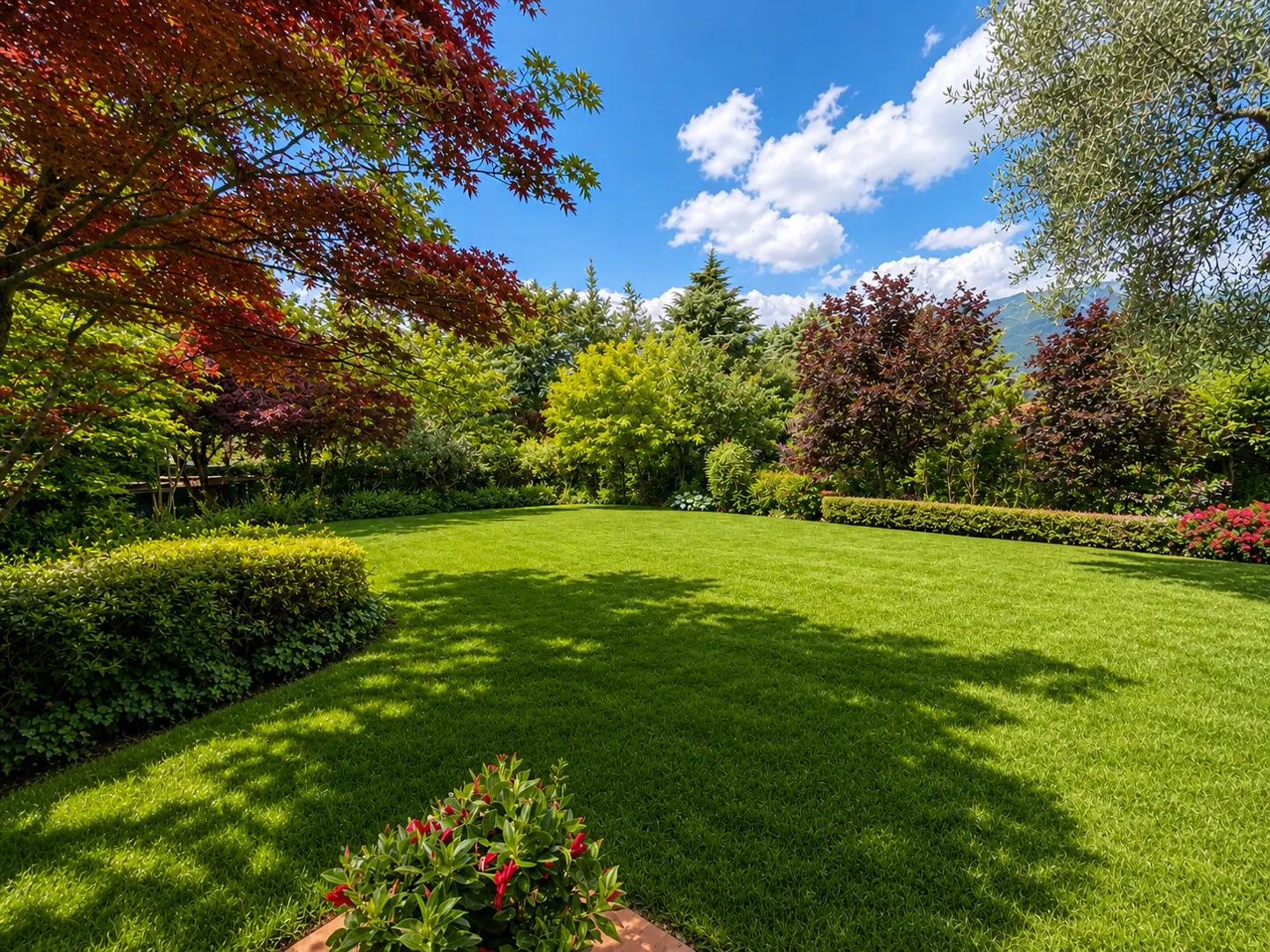 Lush green lawn with trees and shrubs under a blue sky with white clouds.