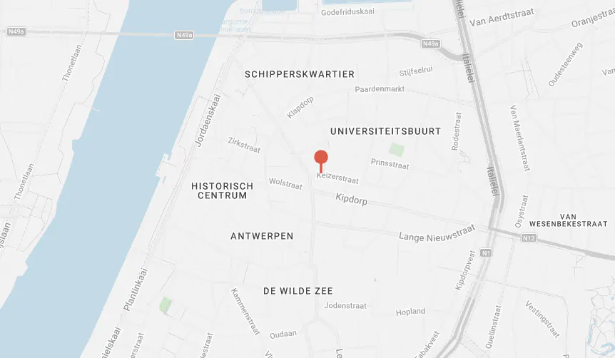 Map of Antwerp, Belgium, with a red pin marking a location near Keizerstraat in the Universiteitsbuurt neighborhood.