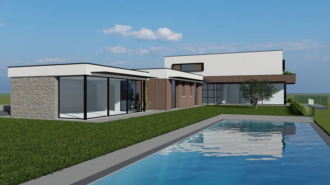 Modern house with a pool. The house has stone and wood accents, large windows, and a flat roof. Blue sky and green grass.