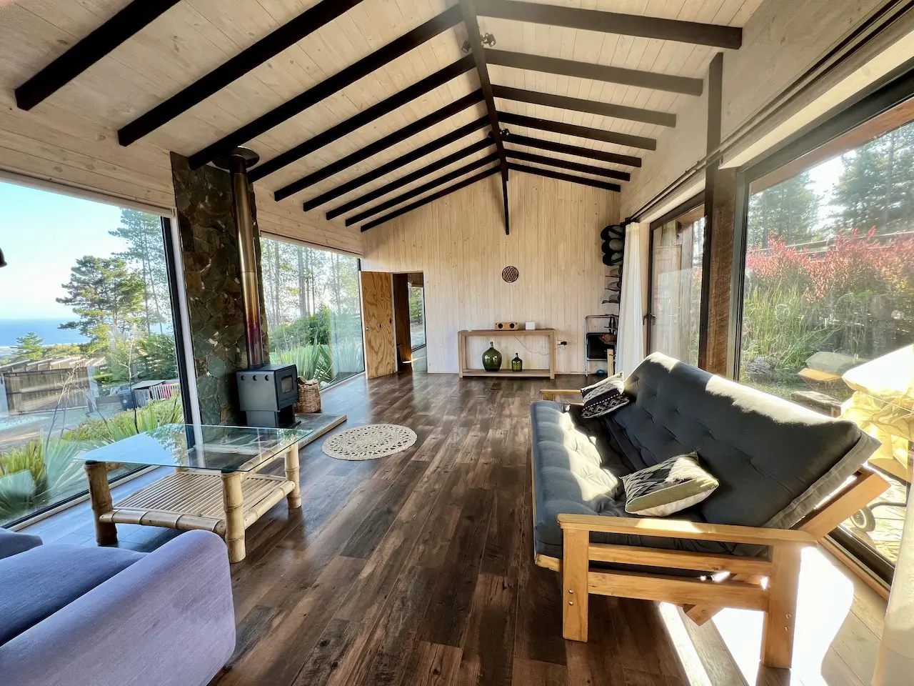 A bright living room with wood floors, a gray futon, and a wood-burning stove near a large window with a view.