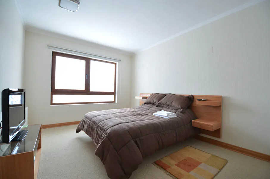 Bedroom with a brown bed, white linens, a TV, and a window. The walls are white, and there is a rug on the floor.