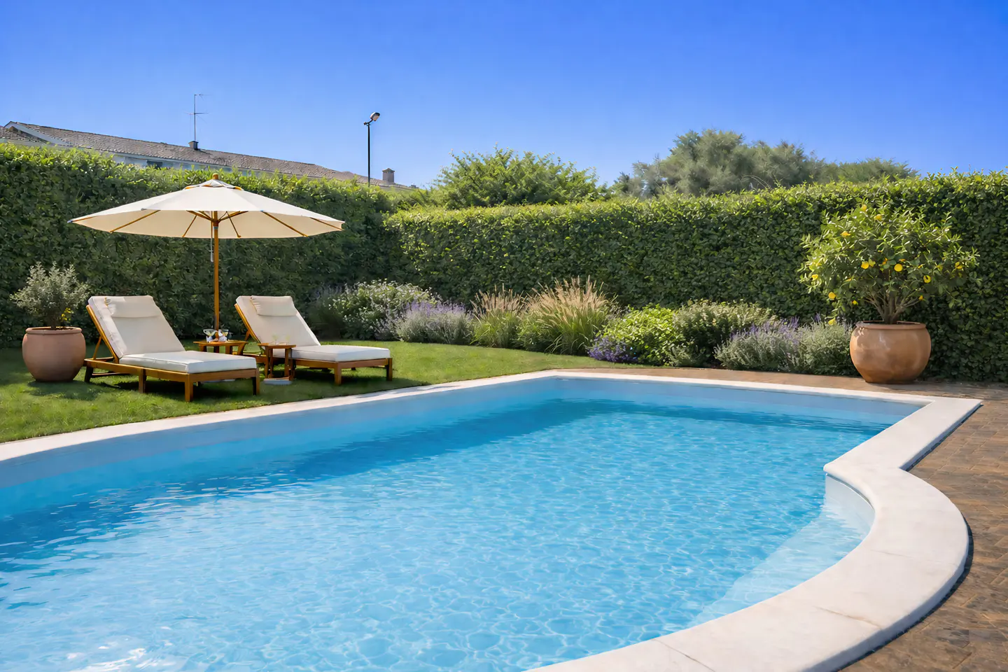 A backyard pool with two lounge chairs and a sun umbrella on a sunny day.