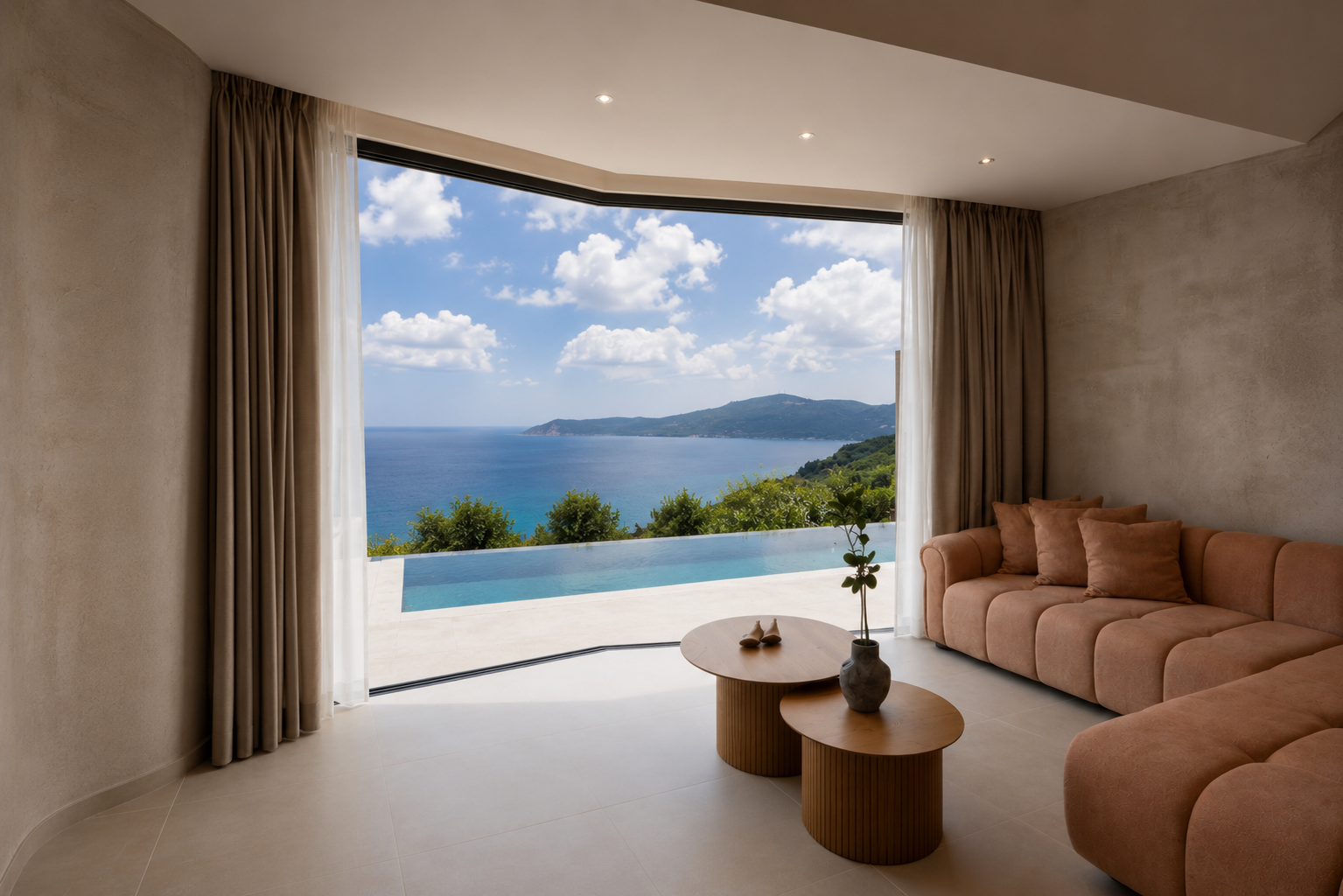 Moderne bioklimatische Erdhaus-Villa mit Infinity-Pool und Panoramablick auf das Ionische Meer