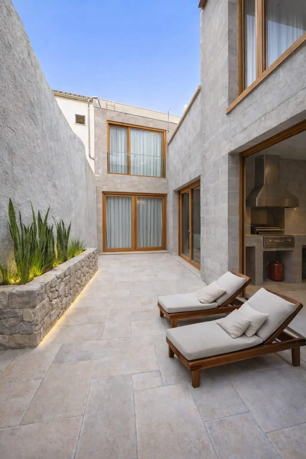 Modern patio with two lounge chairs, stone walls, and a built-in outdoor kitchen under a clear blue sky.