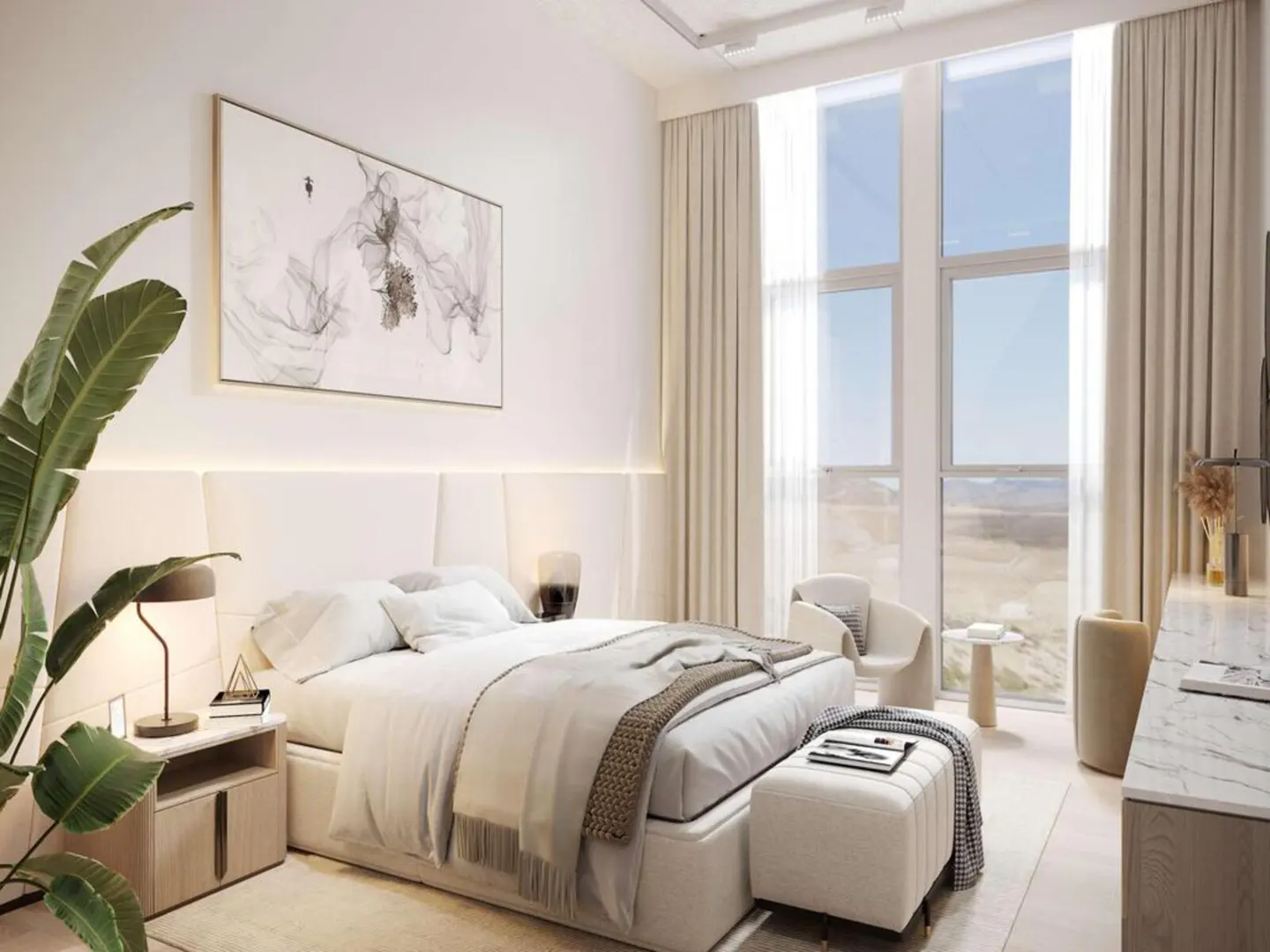 Bright bedroom with white bedding, a large window with beige curtains, and a potted plant.
