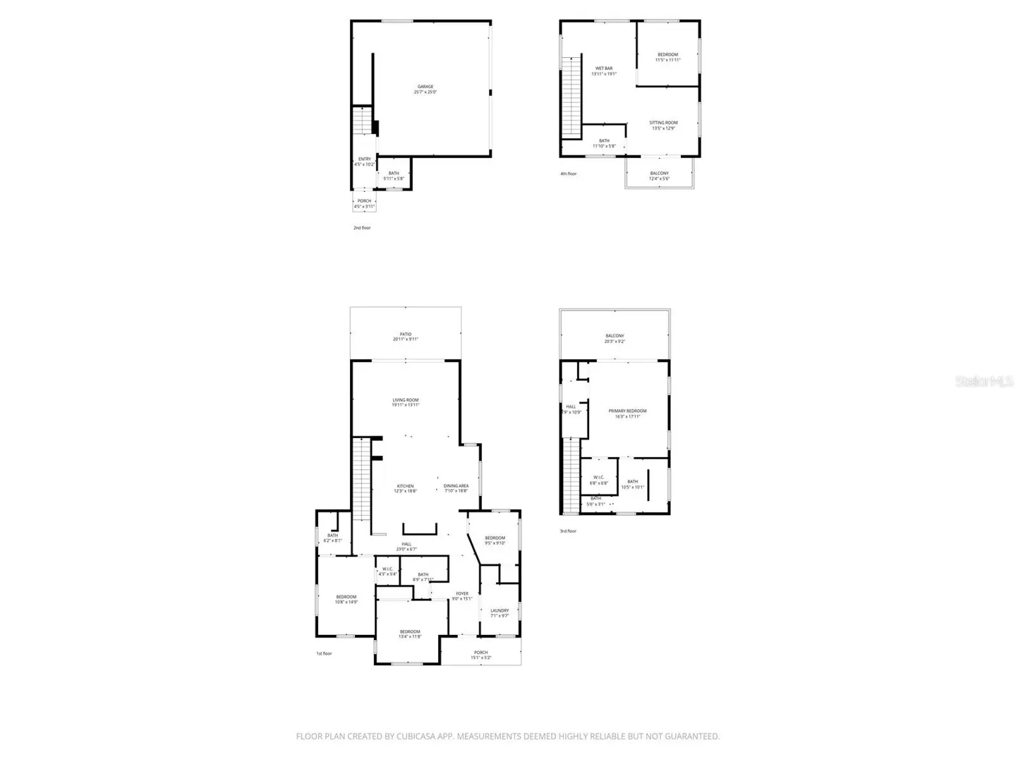 Black and white floor plan of a three-story house, including the garage, bedrooms, and living spaces.
